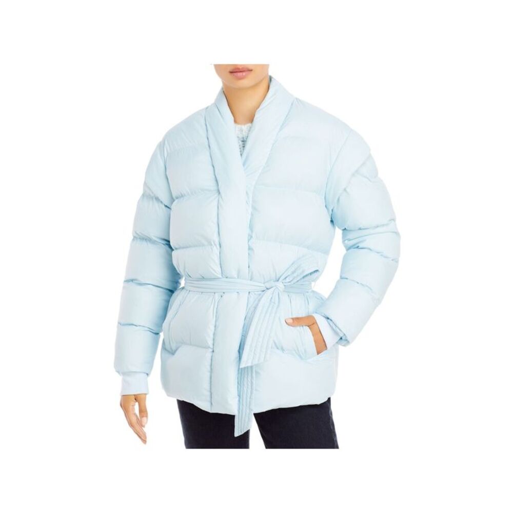 AQUA Womens Blue Belted Button Front Collarless Puffer Winter Jacket Coat XS